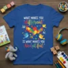 What Makes You Different Is What Makes You Beautiful quote with a colorful puzzle bird and hearts on a blue