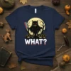 WHAT? Halloween T-Shirt featuring a black cat ghost holding a bloody cleaver with pumpkins and a full moon