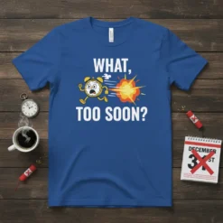 Funny "What, Too Soon?" t-shirt with a cartoon alarm clock running from an explosion