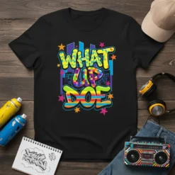 Black t-shirt with colorful graffiti text "WHAT UP DOE" in a retro 90s style design, featuring cityscape background and stars