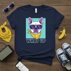 French Bulldog wearing sunglasses and a bandana with "WHAT UP" text, cool dog graphic t-shirt design
