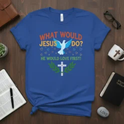 What Would Jesus Do? He Would Love First! text with dove and cross graphic on blue t-shirt