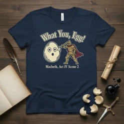 What You, Egg! Macbeth Act IV Scene 2 quote on a navy t-shirt with a knight attacking an egg graphic