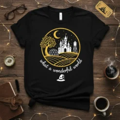 Black t-shirt with "what a wonderful world" text and a circular graphic of a castle, tree, and moon