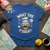 Donald Duck "What The F'Duck?" quote t-shirt design with dizzy eyes and cartoon graphics