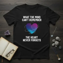 What The Mind Can't Remember The Heart Never Forgets quote on a black t-shirt with a vibrant heart graphic