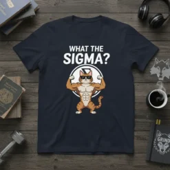 What The Sigma? t-shirt with a muscular cartoon cat flexing and sunglasses