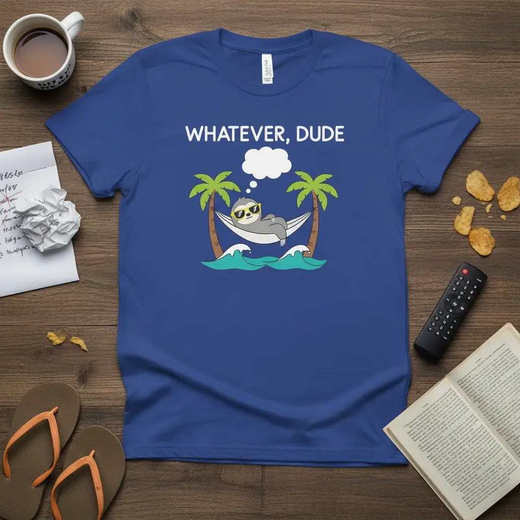 Whatever, Dude quote on a t-shirt with a sloth in a hammock, palm trees, and ocean waves