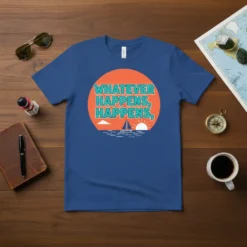 Blue t-shirt with "WHATEVER HAPPENS, HAPPENS," quote and a sailboat graphic, representing a calm mindset