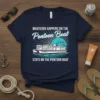 T-shirt with the quote "Whatever Happens On The Pontoon Boat Stays On The Pontoon Boat" and a graphic of a