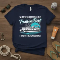 T-shirt with the quote "Whatever Happens On The Pontoon Boat Stays On The Pontoon Boat" and a graphic of a