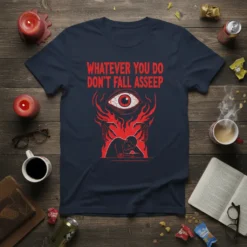 Dark navy t-shirt with "Whatever You Do Don't Fall Asseep" in red text, featuring a large red eye and abstract