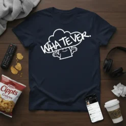 Navy blue t-shirt with white text "WHATEVER." and a cartoon character giving a thumbs up