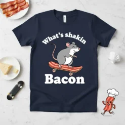 What's shakin Bacon t-shirt design with a rat skateboarding on bacon, white text