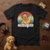 Retro golden retriever wearing headphones, waving paw, with "What's Up?" text on a black t-shirt