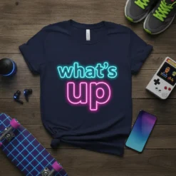Navy blue t-shirt with bright neon pink and blue "what's up" text design