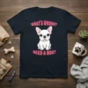 White French Bulldog graphic on navy t-shirt with text "WHAT'S WRONG? NEED A HUG?"