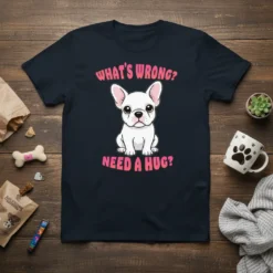 White French Bulldog graphic on navy t-shirt with text "WHAT'S WRONG? NEED A HUG?"