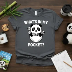 What's In My Pocket? t-shirt design with mama panda and baby pandas in a pocket, white text