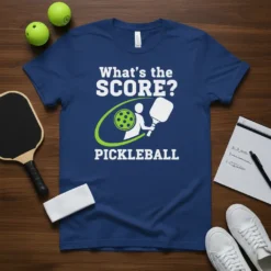 Navy blue t-shirt with white text "What's the SCORE? PICKLEBALL" and a graphic of a pickleball player