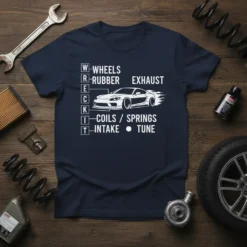 WHEELS RUBBER EXHAUST COILS SPRINGS INTAKE TUNE T-Shirt design with a sports car graphic