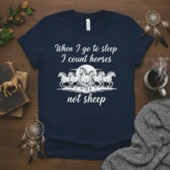 When I go to sleep I count horses not sheep quote on a navy t-shirt with a graphic of running