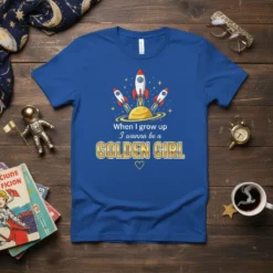 Blue t-shirt with "When I grow up I wanna be a GOLDEN GIRL" text and rockets design