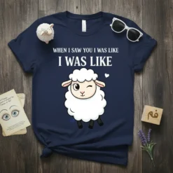 When I Saw You I Was Like I Was Like funny sheep t-shirt with a winking cartoon sheep graphic