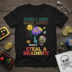 Black t-shirt with "When I Used Max Luck Brainrot Steal A Brainrot" text and graphics of a brain, zombie, and
