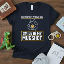 T-shirt with text "When It Comes To My Child I Will Smile In My Mugshot" featuring a parent hugging a