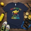 When Life Gives Yegs funny t-shirt design with a cartoon muscular lemon jumping over hurdles, vibrant colors, and bold text