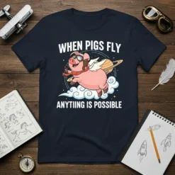 When Pigs Fly Anything Is Possible t-shirt with a cartoon pig wearing aviator goggles and scarf flying with wings through