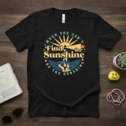 When You Can't Find the Sunshine Be the Sunshine quote with lighthouse and couple graphic on a black t-shirt