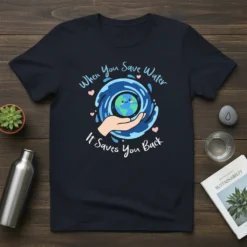 When You Save Water It Saves You Back quote t-shirt with a hand holding the earth surrounded by water and