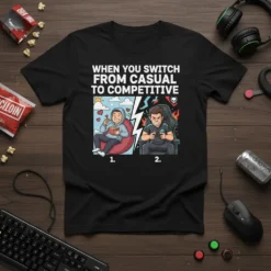 When You Switch From Casual To Competitive t-shirt design showing a relaxed gamer and an intense competitive gamer