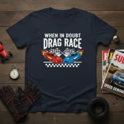 When in Doubt Drag Race text with flaming drag cars and checkered flags graphic on a navy t-shirt