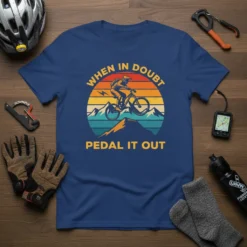 When In Doubt Pedal It Out mountain biking quote t-shirt with cyclist graphic and vintage sunset