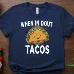 Navy blue t-shirt with white text "When In Dout Tacos" and a cute smiling taco graphic