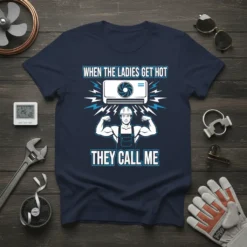 When the Ladies Get Hot They Call Me T-Shirt featuring a muscular HVAC technician flexing muscles under an air conditioner