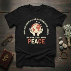 T-shirt design with text "When The Power Of Love Overcomes Th Of A Power The World Will Know Peace" and
