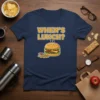 When's Lunch? t-shirt with a cartoon burger and fries graphic, asking the classic question