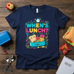 Navy blue t-shirt with "When's Lunch?" text and a cartoon lunchbox filled with smiling food items