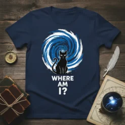 Black cat sitting in a swirling blue and white cosmic background with text "WHERE AM I?" on a navy blue