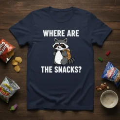 T-shirt with white text "WHERE ARE THE SNACKS?" above a cartoon raccoon holding a backpack with snacks