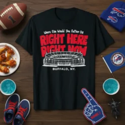 Black t-shirt with red text "Where Else Would You Rather Be RIGHT HERE RIGHT NOW" and stadium graphic, "BUFFALO, NY."