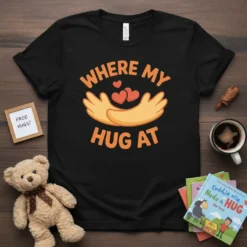Black t-shirt with orange text "WHERE MY HUG AT" and graphic of arms hugging hearts