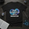 Black t-shirt with white text "WHERE SUPERPOSITION MEETS INNOVATION" inside a blue and purple infinity symbol graphic