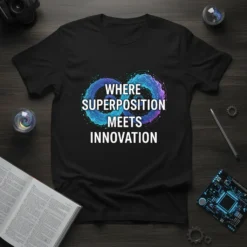 Black t-shirt with white text "WHERE SUPERPOSITION MEETS INNOVATION" inside a blue and purple infinity symbol graphic