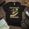 Black t-shirt with yellow text "Where The Road Ends The Fun Begins" and a graphic of a jeep climbing a