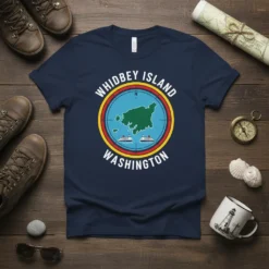 Navy t-shirt featuring a circular compass design with a map of Whidbey Island Washington and two ferries, for travel souvenir